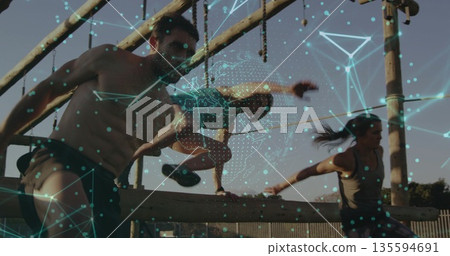 Moving shirtless man negotiating ropes, beams on obstacle course with network overlay, copy space 135594691