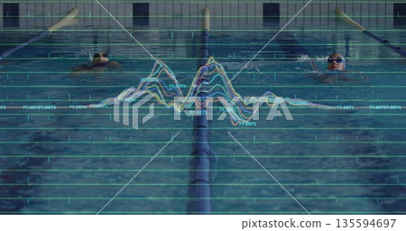 Backstroke swimmers in swim caps and goggles swimming in competition pool, with waveform overlays Backstroke swimmers in swim caps and goggles swimming in competition pool, with waveform overlays 135594697