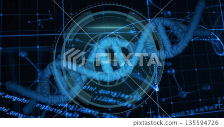 Twisting DNA double helix floating in lab interface, with grid lines, HUD rings and molecular nodes 135594726