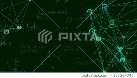Combining chalkboard formulas and network visuals on green background with device icons, copy space Combining chalkboard formulas and network visuals on green background with device icons, copy space 135594745