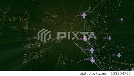 Displaying circular network diagram overlaying green chalkboard equations and arrows, copy space Displaying circular network diagram overlaying green chalkboard equations and arrows, copy space 135594752