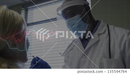 Performing throat swab doctor wearing gloves in clinic with line graph overlay, copy space Performing throat swab doctor wearing gloves in clinic with line graph overlay, copy space 135594764