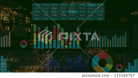 Displaying panels on green backdrop, showing bar charts, line graph, data table and math sketches Displaying panels on green backdrop, showing bar charts, line graph, data table and math sketches 135594787