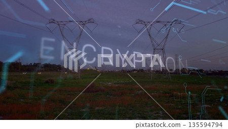 Metal lattice towers rising in open grassy field at dusk, with power lines and encryption graphics Metal lattice towers rising in open grassy field at dusk, with power lines and encryption graphics 135594794