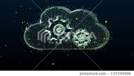 Rotating green digital cloud icon with gear cogs spinning in digital space, with glowing particles Rotating green digital cloud icon with gear cogs spinning in digital space, with glowing particles 135594806