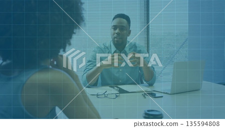 Gesturing manager presenting ideas at boardroom, with laptop folder glasses smartphone coffee cup Gesturing manager presenting ideas at boardroom, with laptop folder glasses smartphone coffee cup 135594808