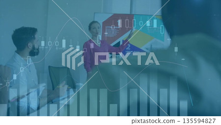 Presenting woman in purple blouse showcasing slide data in conference room, with flat-panel display Presenting woman in purple blouse showcasing slide data in conference room, with flat-panel display 135594827