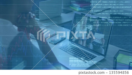 Resting mid adult man supporting head on hands at home office desk, with laptop smartphone notepad Resting mid adult man supporting head on hands at home office desk, with laptop smartphone notepad 135594856