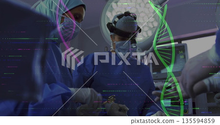 Lead surgeon wearing scrubs, headlamp performing surgery in OR, with vital monitor and DNA overlay 135594859