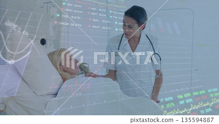 Talking patient consulting nurse with stethoscope in hospital, bed, IV drip, curtain, copy space Talking patient consulting nurse with stethoscope in hospital, bed, IV drip, curtain, copy space 135594887