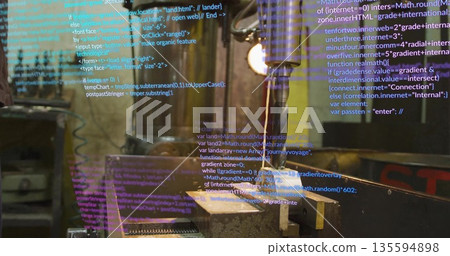 Drilling metal workpiece in vice by drill press at workshop, with overlaid JavaScript and HTML code Drilling metal workpiece in vice by drill press at workshop, with overlaid JavaScript and HTML code 135594898