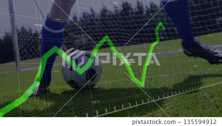 Dribbling soccer ball on grassy pitch near goal, featuring grid overlay and green performance graph 135594912