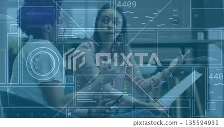 Talking two professionals reviewing digital charts in office armchairs, holding smartphone, folder Talking two professionals reviewing digital charts in office armchairs, holding smartphone, folder 135594931