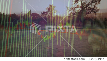Displaying semi-transparent candlestick chart in foggy dawn meadow, with green bars and line graph Displaying semi-transparent candlestick chart in foggy dawn meadow, with green bars and line graph 135594944