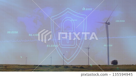 Hovering shield with padlock icon over turbines at wind farm, with world map overlay 135594945
