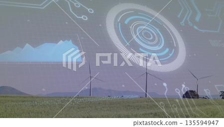 Showcasing three wind turbines displaying digital overlays in green grass field, line chart and HUD 135594947