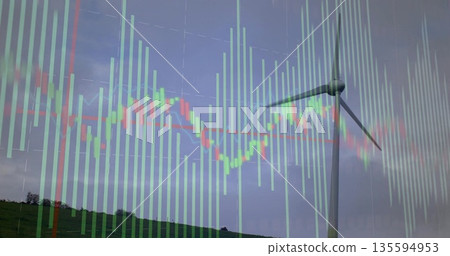 Wind turbine rotating on grassy hillside with treeline, showing financial chart overlay, copy space 135594953