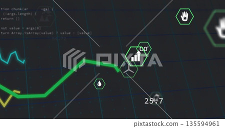 Displaying green graph on dashboard, with CO2, droplet, hand and turbine icons, numeric 25 Displaying green graph on dashboard, with CO2, droplet, hand and turbine icons, numeric 25 135594961