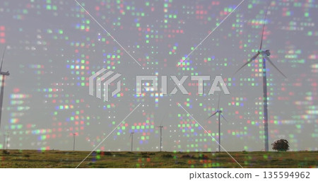 Featuring white wind turbine standing in prairie with shrubs on right, pixel overlay, copy space Featuring white wind turbine standing in prairie with shrubs on right, pixel overlay, copy space 135594962
