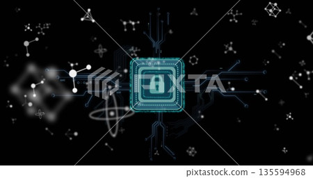 Radiating microchip square displaying padlock icon in network grid, with circuit lines and nodes 135594968