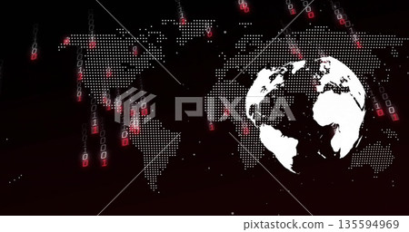 White globe overlapping dotted map in digital network field, with white-red binary code, copy space 135594969