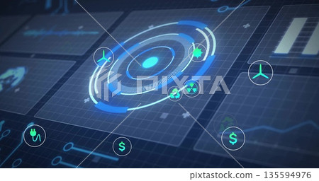 Animating central circular digital interface in virtual control panel, with energy finance icons 135594976