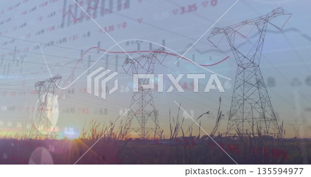 Displaying three transmission towers rising in grassland at sunset, with market analytics Displaying three transmission towers rising in grassland at sunset, with market analytics 135594977