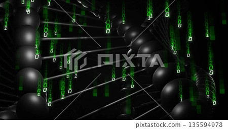 Stylized double helix floating in space with black spheres, rods, falling green binary digits Stylized double helix floating in space with black spheres, rods, falling green binary digits 135594978