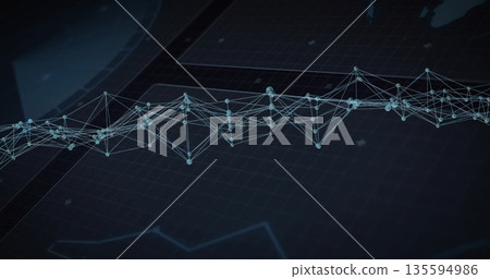 Displaying network graph spanning digital screen, with nodes, mesh lines, globe and map grid Displaying network graph spanning digital screen, with nodes, mesh lines, globe and map grid 135594986