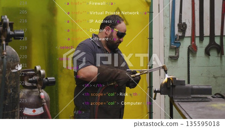 Heating workpiece in vise with blowtorch by man in protective gear in workshop with gas cylinder 135595018
