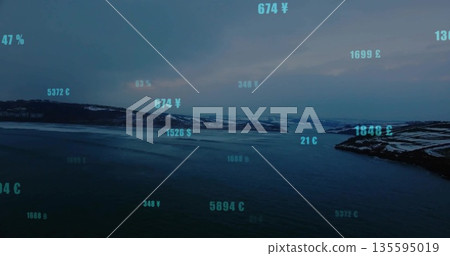 Displaying calm fjord waters reflecting snow-dusted hills at dawn, with floating cyan currency data Displaying calm fjord waters reflecting snow-dusted hills at dawn, with floating cyan currency data 135595019