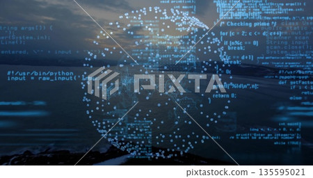 Displaying digital globe with lit node network over rocky shoreline at dusk featuring floating code Displaying digital globe with lit node network over rocky shoreline at dusk featuring floating code 135595021