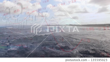 Breaking ocean waves against jagged coast beneath clouds, with trend lines, numeric labels overlay 135595023