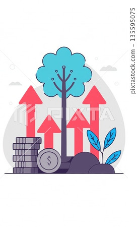 Sustainable Financial Growth and Wealth Accumulation Concept.A tree growing on stacked coins with rising arrows, symbolizing successful long-term investment and green economy. 135595075