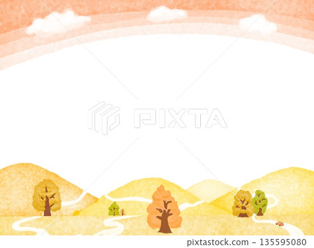 一幅插畫，描繪了一輛橙色汽車在秋日黃昏的山巒、道路和街道上行駛，天空籠罩在秋日的夜色中。 135595080