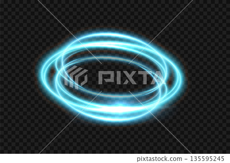 Blue light neon glow swirl background. Blue light glowing circle line of neon effect. Shiny spiral spin ring with flare and flash. Vector illustration of glitter sparkle swirl trail effect on black 135595245