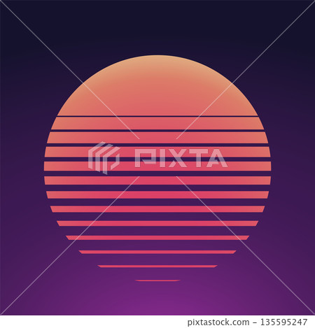 Sun made of striped halftone gradient lines texture. Fading horizontal stripes gradation background from thin to thick. Red circle halftone parallel pattern isolated on purple vector illustration 135595247