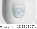 Clean water inside home toilet bowl covered with layer of blue disinfecting foamy bubbles. Aromatic cleaning treatment. Sanitary restroom scene  135595271