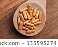 Top view of golden plant based pills inside a carved wooden spoon on kitchen surface 135595274