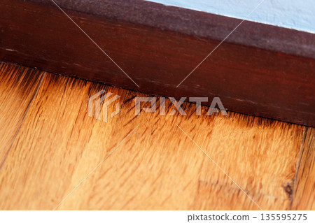 Floor rot with black stains on laminate panels next to wooden baseboard along blue wall 135595275