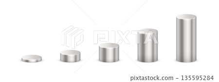 Silver metal 3d cylinder vector illustration set. Realistic steel pedestal podiums of circle geometric shape stand with perspective, blank circular platform or stage for product, diagram graph Silver metal 3d cylinder vector illustration set. Realistic steel pedestal podiums of circle geometric shape stand with perspective, blank circular platform or stage for product, diagram graph 135595284
