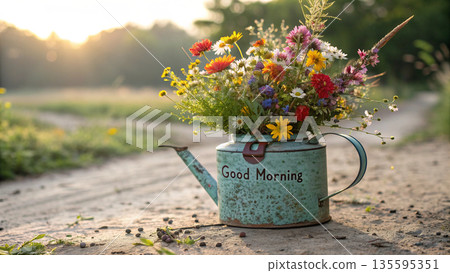 A rustic teal watering can overflowing with colorful wildflowers sits on a stone wall at sunrise 135595351