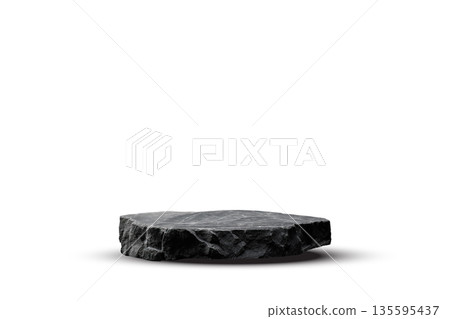 Stone podium background. Rock stand product display. Natural black marble pedestal on white wall for product placement. Modern minimal cosmetic design. Fashion beauty realistic vector illustration 135595437
