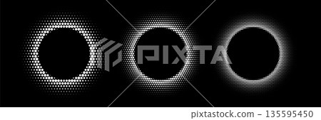 White dotted round patterns. Golden frames with halftone effect. Abstract shining circle background with light glow elements. Modern futuristic graphic vector illustration set isolated on black White dotted round patterns. Golden frames with halftone effect. Abstract shining circle background with light glow elements. Modern futuristic graphic vector illustration set isolated on black 135595450