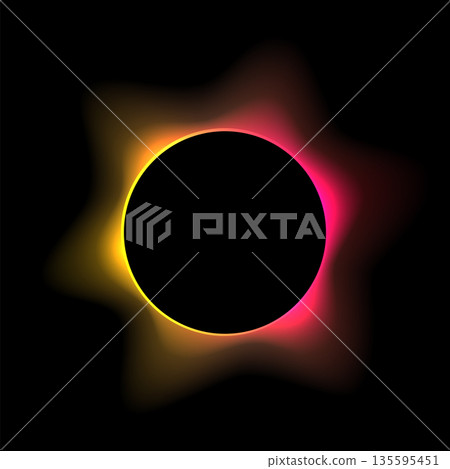 Neon color round frame with gradient effect. Abstract blurred red yellow light circle background. Colored bright blending wavy icon. Colorful geometric graphic vector illustration isolated on black 135595451
