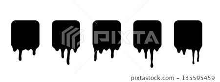 Paint melted drip shape icons set vector illustration. Splash of black ink square drop, liquid blobs melt and flow with splatters, simple stickers with fluid droplets on wall isolated on white Paint melted drip shape icons set vector illustration. Splash of black ink square drop, liquid blobs melt and flow with splatters, simple stickers with fluid droplets on wall isolated on white 135595459