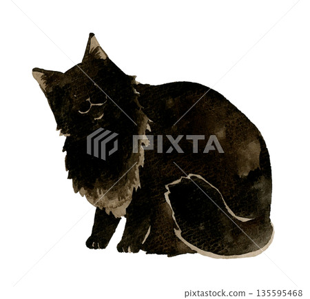 一隻坐著的黑色長毛貓。手繪水彩寵物動物插畫。 一隻坐著的黑色長毛貓。手繪水彩寵物動物插畫。 135595468