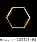Golden hexagon photo frame on black background. Gold button. Blank space for picture, painting, card. 3d realistic empty template vector illustration. Simple object mockup 135595498