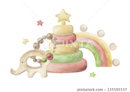 A watercolor illustration of educational wooden eco-friendly toys for a baby. The elephant rattle, pyramid, rainbow, and stars are hand-drawn in soft pastel colors. Designed for a child's room A watercolor illustration of educational wooden eco-friendly toys for a baby. The elephant rattle, pyramid, rainbow, and stars are hand-drawn in soft pastel colors. Designed for a child's room 135595537