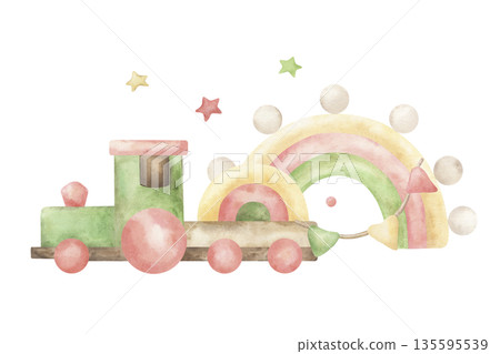 A composition of wooden educational toys for a toddler. The hand-drawn watercolor illustration features an eco-friendly, boho style in soft pastel shades. Suitable for children's party designs A composition of wooden educational toys for a toddler. The hand-drawn watercolor illustration features an eco-friendly, boho style in soft pastel shades. Suitable for children's party designs 135595539